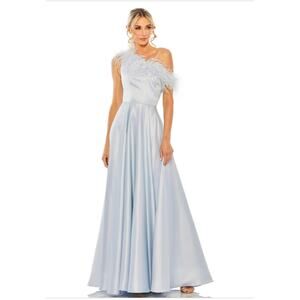 Mac Duggal Blue Asymmetrical Neckline Feather Prom Dress Size 6 Style 11684 NEW